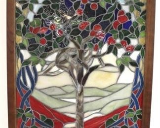 2058 - Orange tree stained glass panel in frame 36 x 22
