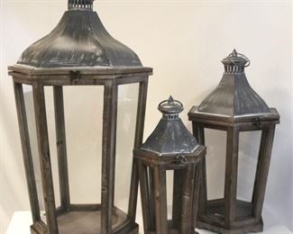 2140 - Set of 3 Wood, metal & glass lanterns Largest 29" tall
