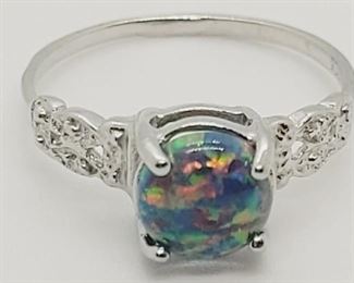 32a - Sterling Silver Created Black Opal & Diamond Ring Size 6
