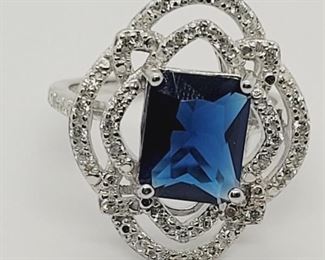 37a - Sterling Silver Sapphire & Diamond Ring, sz 7
