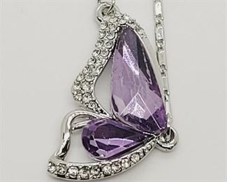 57a - German Silver Purple Crystal Fashion Pendant w/ Chain
