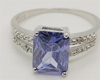 61a - Sterling Silver Tanzanite & Diamond Ring, size 7
