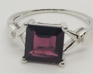 69a - Sterling Silver Garnet & Diamond Ring, sz 8