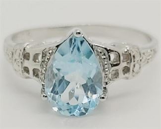 70a - Sterling Silver Blue Topaz & Diamond Ring, sz 8

