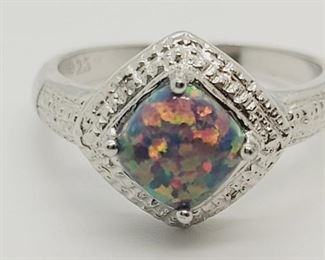 72a - Sterling Silver Black Fire Opal & Diamond Ring Size 8