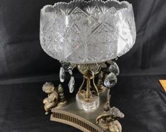 Large Ornate ABP Brass Cherub Pedestal Cut Crystal Bowl