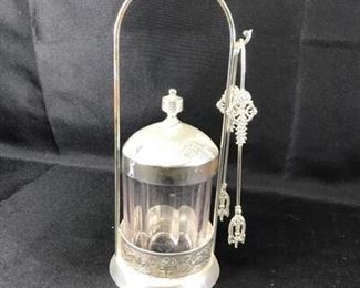 Ornate Glass Metal Pickle Caster Olive Caddy w. Tongs  Lid