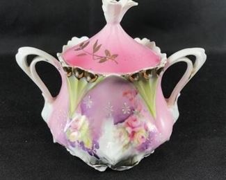 Vintage Pink Purple Floral Porcelain China Sugar Bowl w. Lid