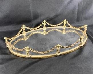 Vintage Oval Mirrored Gold Hollywood Regency Vanity Tray