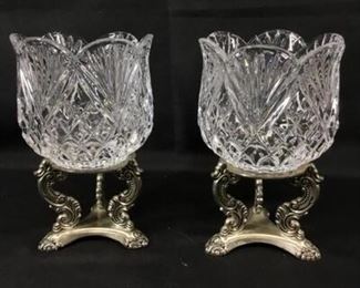Set of 2 Godinger Silver Co. Cut Crystal Candle Holders w. Metal Base