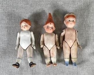 Set of 3 Bisque Jointed Dollhouse Dolls Painted Shoes Hats