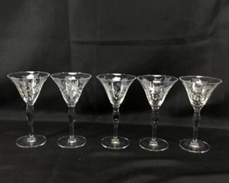 Set of 5 Etched Crystal Cordial Glasses
