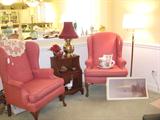 Lovely Pair Of Wing Chairs Plus 50's Era Mahogany Side Table