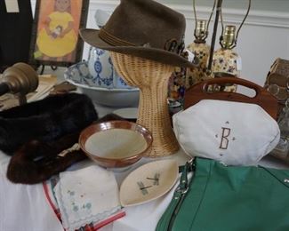 Vintage purses, coach purse, vintage fur collars, vintage Tyrolean hat with climbing pins