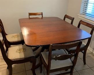 Duncan Phyfe drop leaf table, 6 needlepoint seat chairs