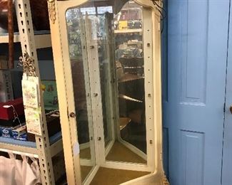 French Provincial Corner curio cabinet with mirrors and shelves