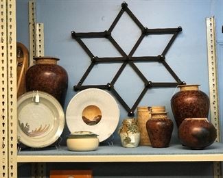 Love this expandable rack hand made, Pottery signed, Pots and baskets