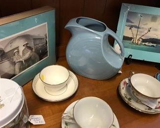 Wonderful vintage blue water pitcher and teacups.  Look at vintage travel trailer photos.