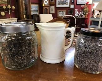 Wonderful Jars of Lavender and old birds nest.  What pottery Pitcher has chip on base