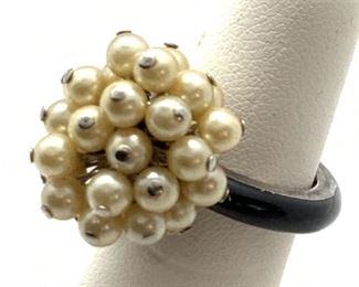 Enamel and Faux Pearl Cluster Ring, Jewelry
