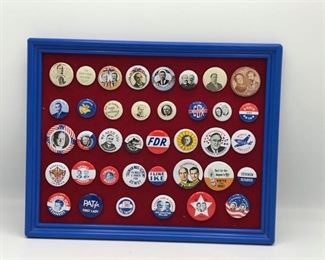This lot contains a variety of vintage presidential buttons. Here you will find Wilson, Teddy and Franklin Roosevelt, Truman, Kennedy, Eisenhower and more. Buttons are glued onto fabric insert. Frame measures 12” x 10” https://ctbids.com/#!/description/share/955275