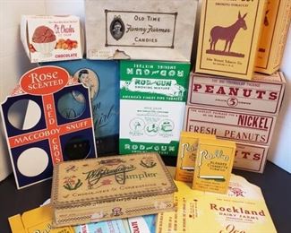 Includes Roll-O and Orphan Boy Smoking Tobacco, Maccoboy Snuff, Whitman's and Old Time Fanny Farmers Candy, St. Charles and Rockland Ice Cream, Augusta Grocery peanut boxes and Dream Girl hosiery https://ctbids.com/#!/description/share/955262.