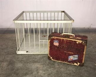 This lot contains a vintage playpen measuring 12” x 19” and a vintage children’s travel case with some stains on the inside. The playpen does have a disconnected side along with three bottom hooks. Be careful when moving. https://ctbids.com/#!/description/share/955259