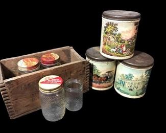 Vintage tobacco canisters and Kraft mustard jars and a little storage box measuring 6”x 11”. https://ctbids.com/#!/description/share/955256