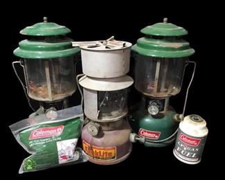 This lot contains 2 Coleman and a Kooklite Kerosene Lantern, one LP Gas Fuel, and Filter Funnel. https://ctbids.com/#!/description/share/955254