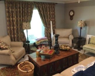 Pair of upholstered chairs with brass button trim; Large vintage style wooden trunk