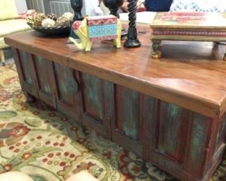 Large wooden trunk with weathered finish