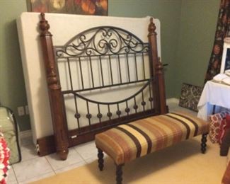 Queen wood and metal headboard/footboard with box springs (no mattress), nice upholstered bench