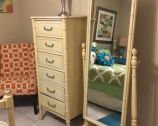 Lingerie chest and chevalier mirror in faux bamboo light yellow finish