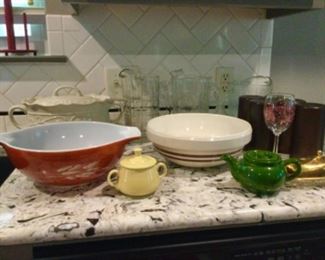 Vintage bowls and teapots, covered tureen, glass pitchers