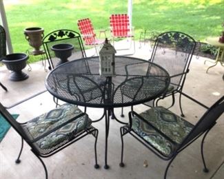 Metal patio table with 4 chairs; Fun red folding lawn chairs