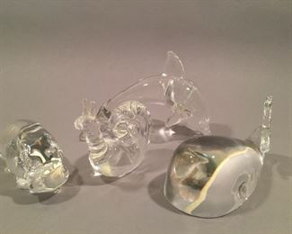 Vintage Steuben Glass Hippo, Snail, Whale and Dolphin 