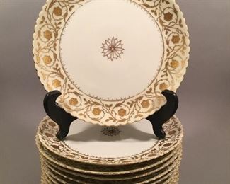 Set of 12 Vintage Gold Rose Trim Porcelain Plates 