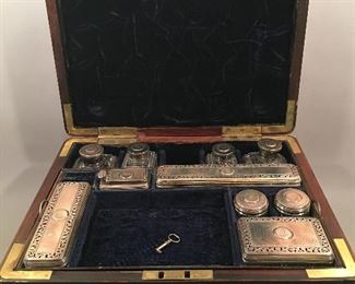 Antique Travel Ladies Vanity Case with Sterling Silver Lids, English