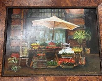 Street Scene “Flower Market” Oil on Board, Artist Signed 