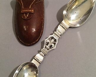 Antique 800 Silver Fleur de Lis Medicine Folding Spoon with Case