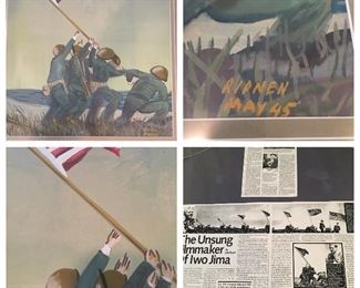 Outsider Art Watercolor of Joe Rosenthal Iwo Jima Photograph, Signed and Dated 