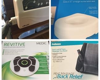 Drive Medical Bed, Raised Toilet Seat, Revitive Circulation Booster, Heat Massage Back Relief Pillow 