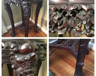Antique Ornate Carved Chinese Rosewood Plant Stand/Pedestal with Marble Top