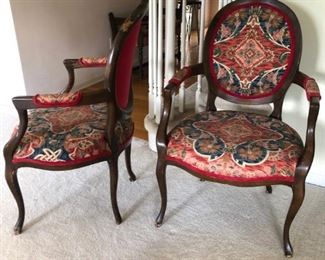 Pair Of French Armchairs With Red, Blue & White Tapestry.  The Pillows on the 2 Piece Sofa Match And Can Be Added To This Purchase.