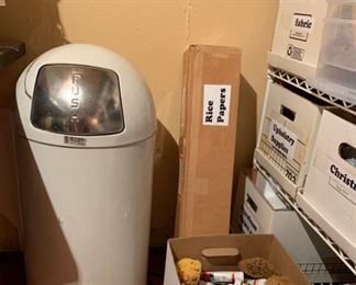 Retro style white garbage can, rice paper, artist quality acrylic paints, fabric, upholstery supplies