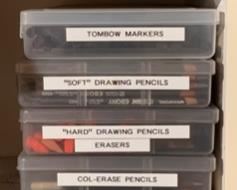 Artist quality colored pencils, Tombow markers, soft drawing pencils, hard drawing pencils, Col-erase pencils, sketching charcoal pencils, drawing stumps