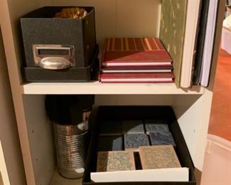 Spiral journals, paint sponges, box of rubber stamps