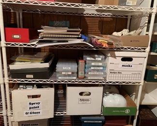 Various sketchbooks, drawing papers, tracing papers, decoupage supplies, craft wire, beads, letters and labels, wooden shapes, masks