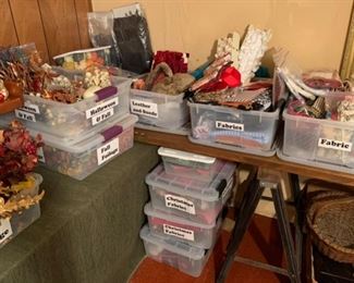 Theater costume fabrics and trim. Faux flowers and picks