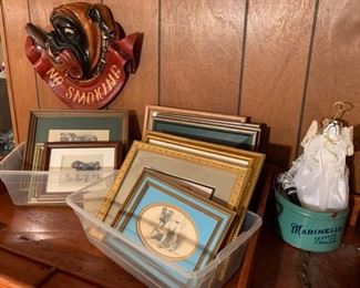 Framed vintage bulldog and other breed dog drawings and sketches